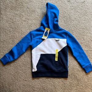 Puma Kids Tri-Color Hoodie in Blue, White, and Dark Blue